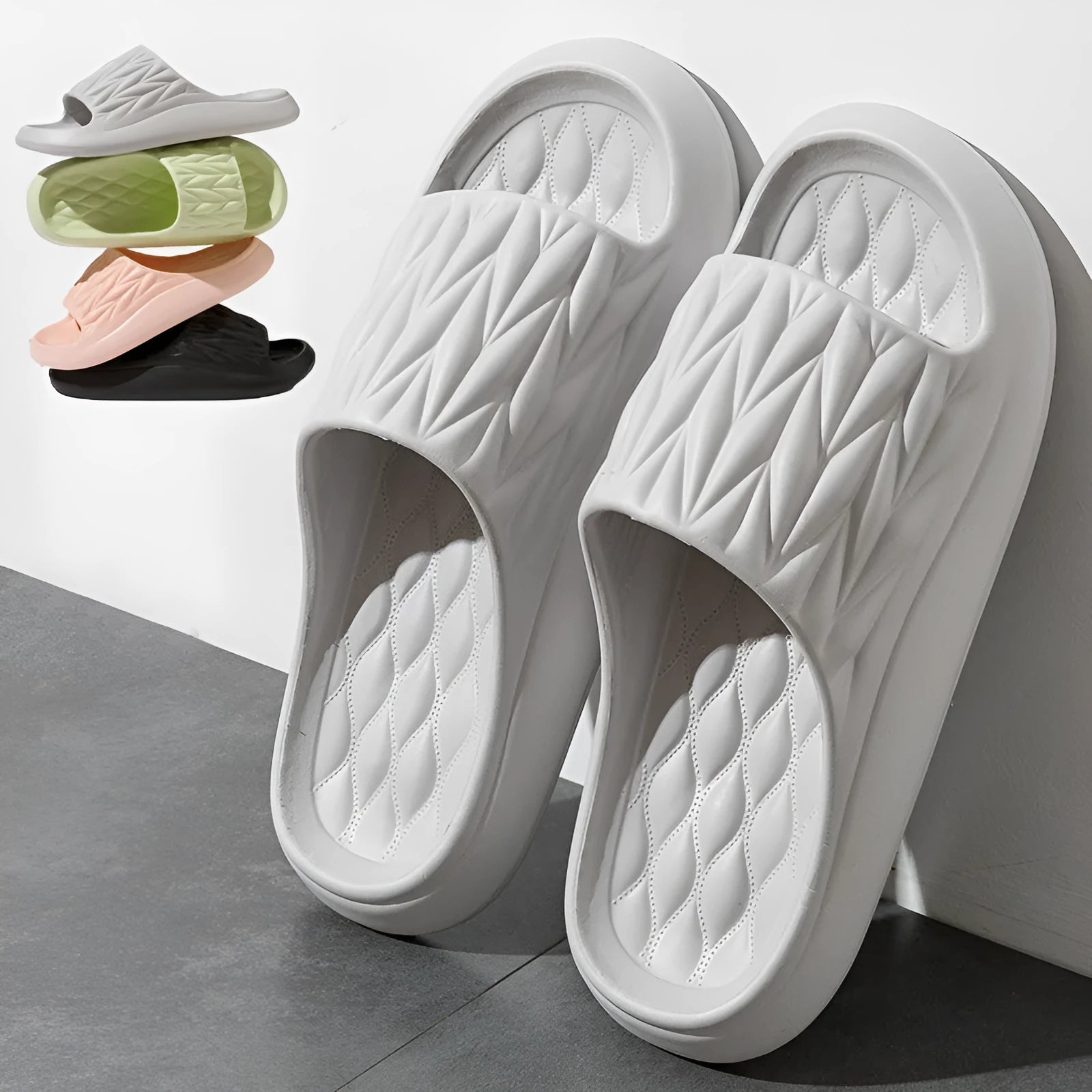 Leaf texture patterned EVA foam slippers for indoor household use, shown in multiple colours.
