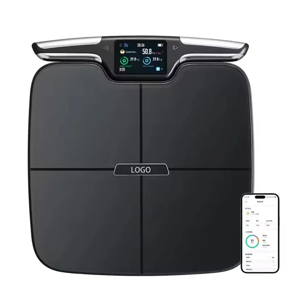 Black eight-electrode intelligent body fat scale on a bathroom floor