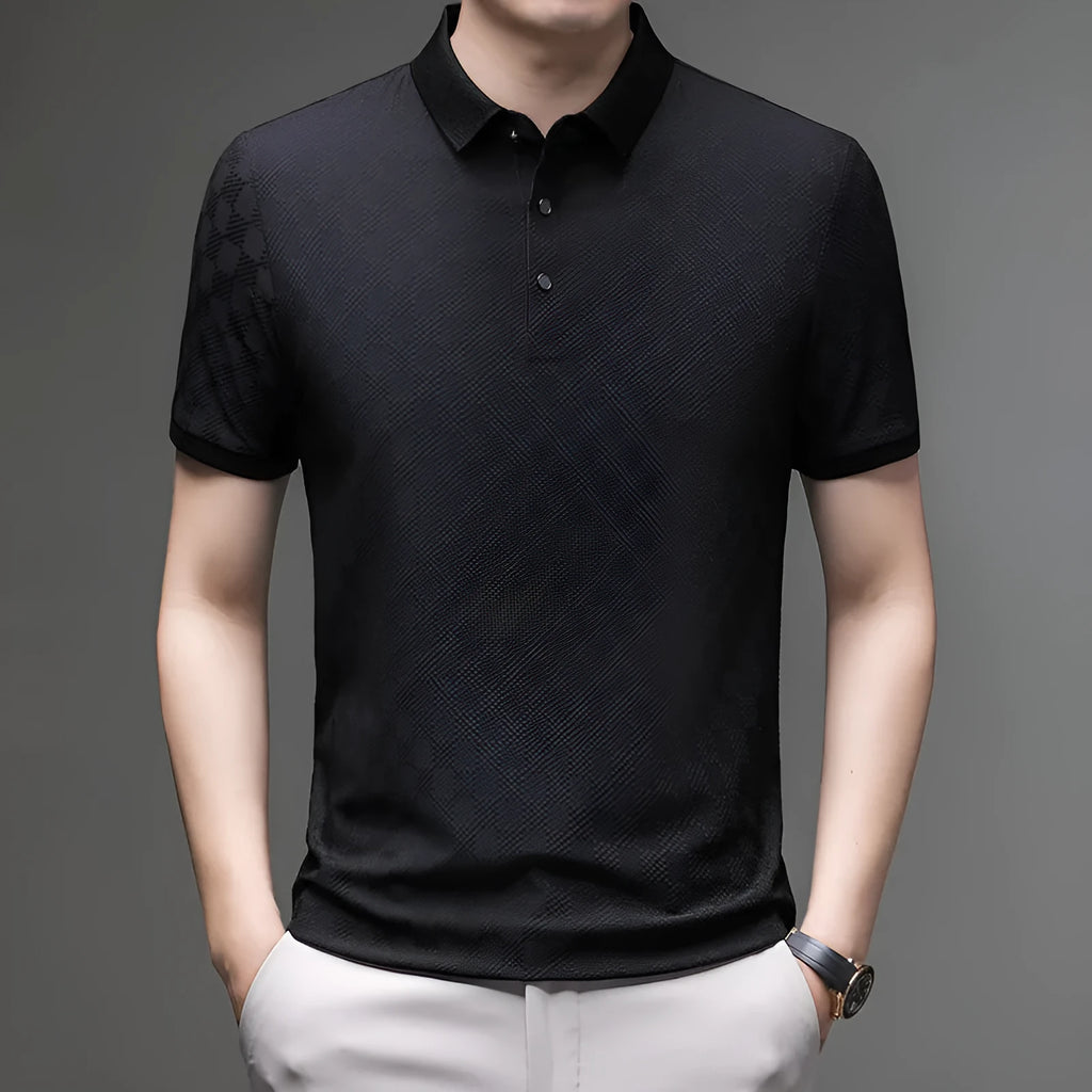 Rhombus thin ice silk short sleeve t-shirt in black with V-neck and side slit detailing