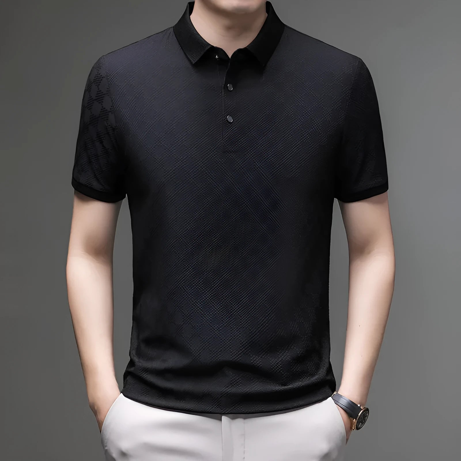 Rhombus thin ice silk short sleeve t-shirt in black with V-neck and side slit detailing