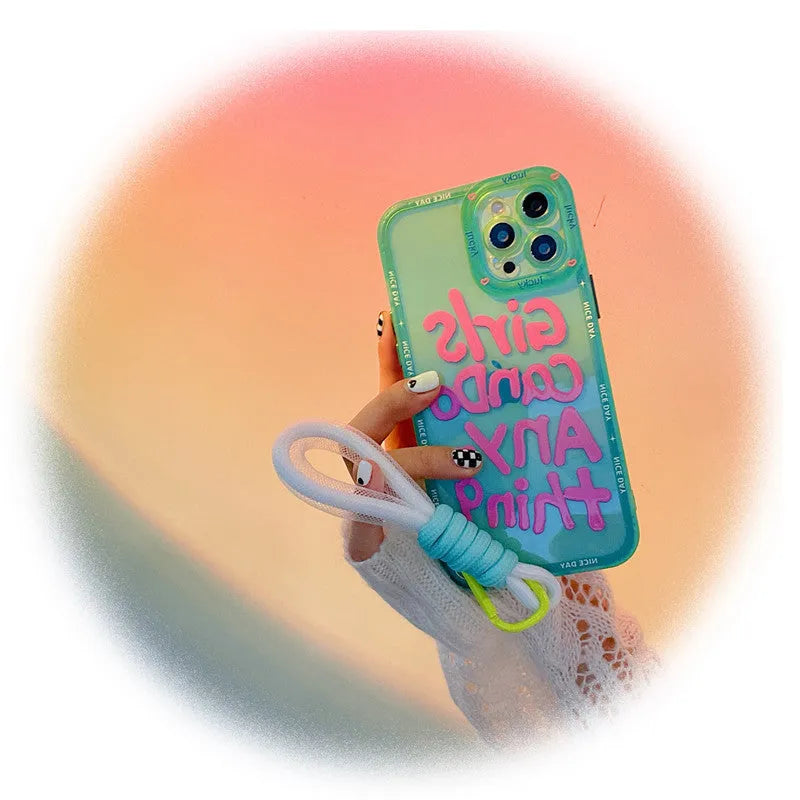 Graffiti design iPhone case with detachable lanyard in mint green colour with painted animal artwork