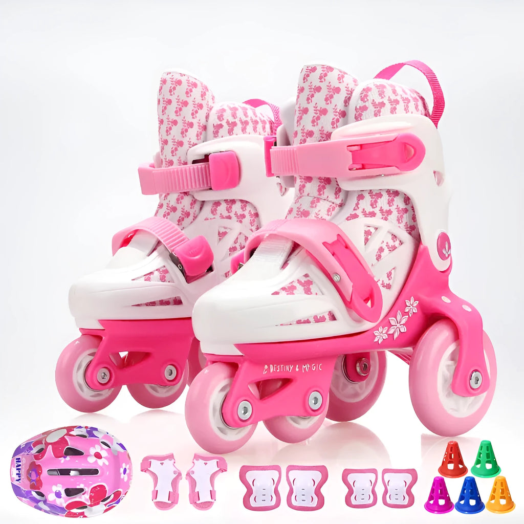 Adjustable double row kids roller skates in Little Panda colour with flash wheels and protective gear set