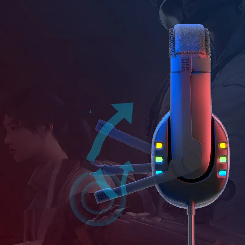 Gaming headset with LED breathing light, 40mm drivers, and omnidirectional microphone on a black surface