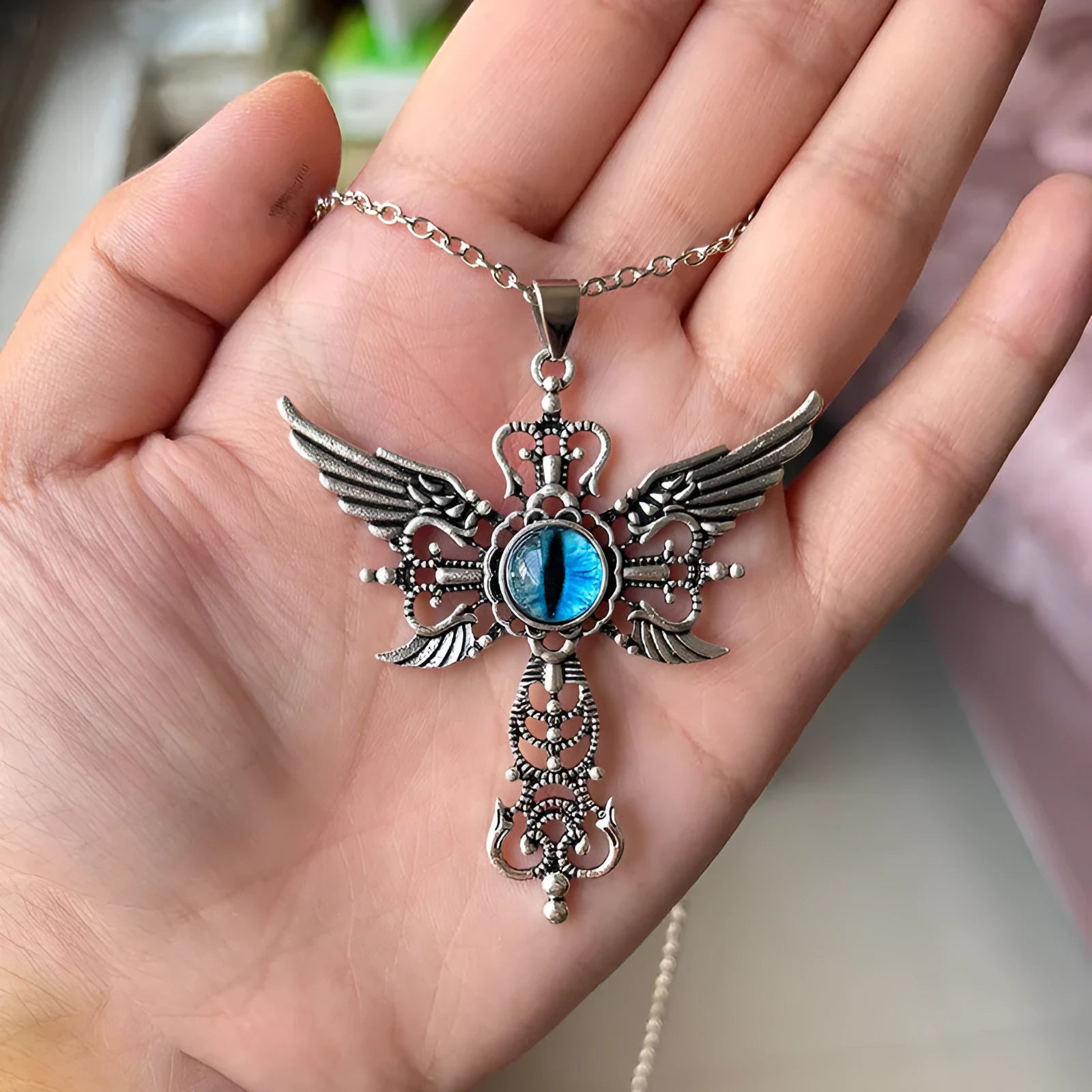 Alloy devil wings cross necklace pendant in geometric design with colour options