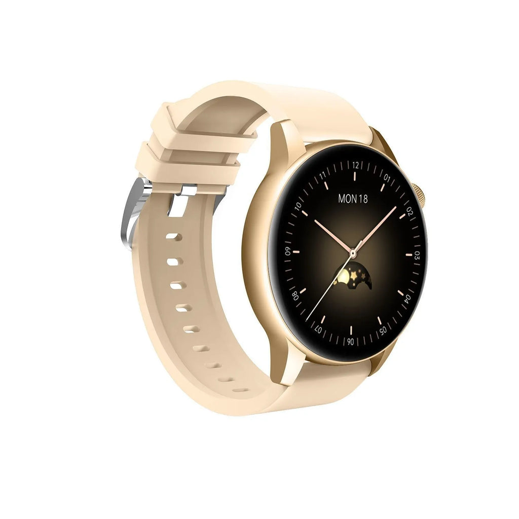 Square stainless steel smart watch with a colour touchscreen on a wrist, shown in black, pink, and silver colour options.