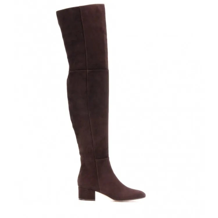Grey women's suede flat over-the-knee boots with a pointed toe and low thick heel on a neutral background.