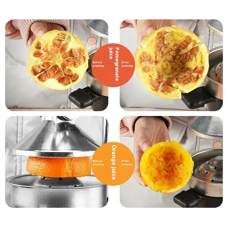 Cast iron manual citrus juicer with stainless steel strainer in black or white finish