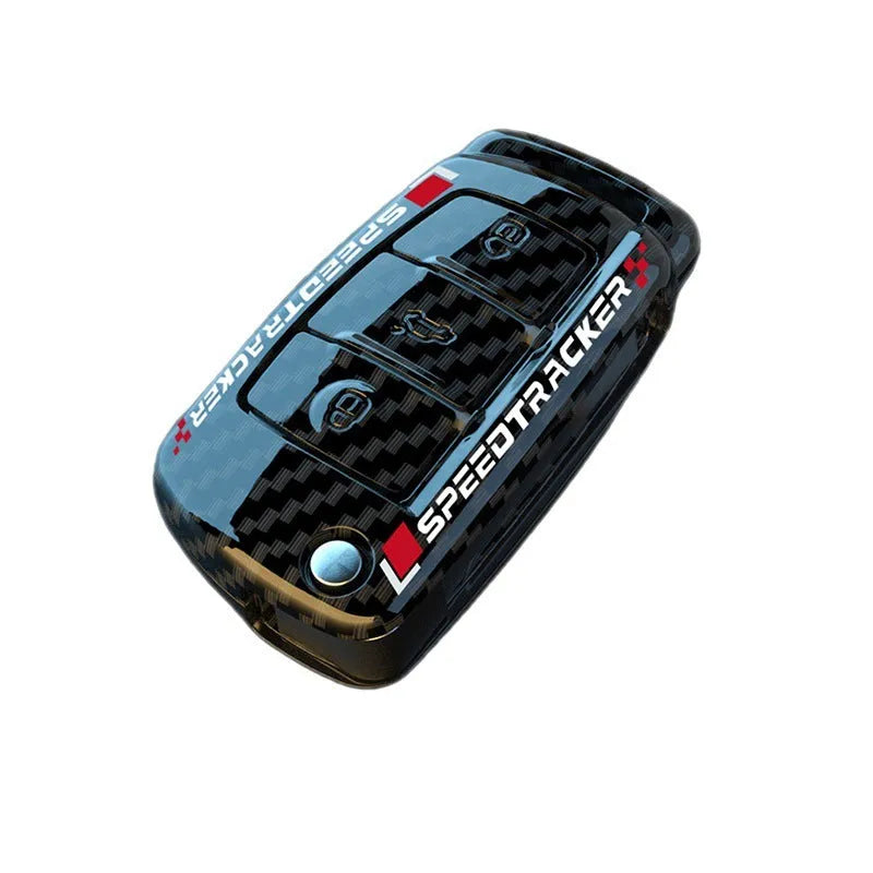 Carbon fibre pattern car key cover in black and white options with minimalist design