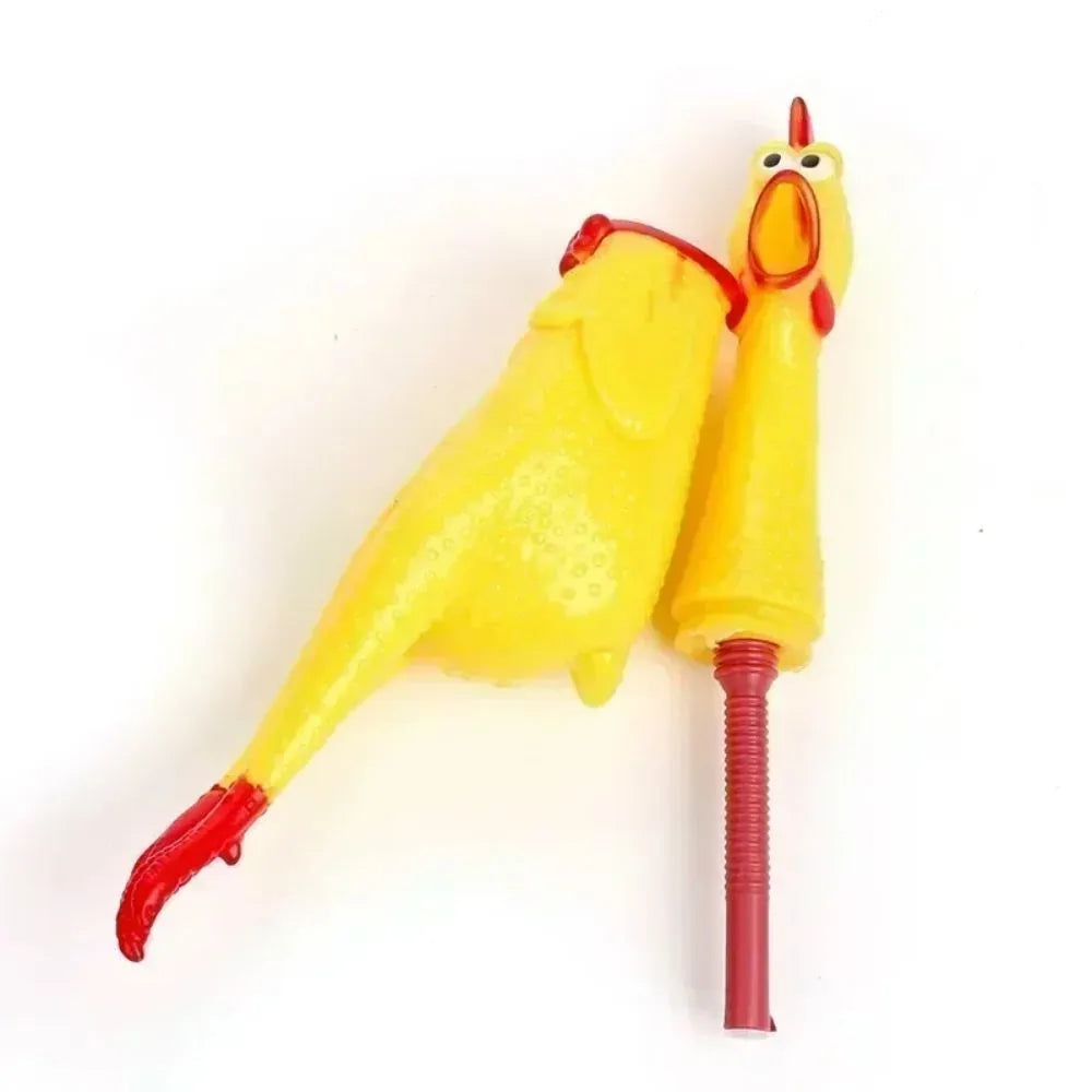 Yellow rubber squeaky chicken dog chew toy shown in three different sizes on a white background.