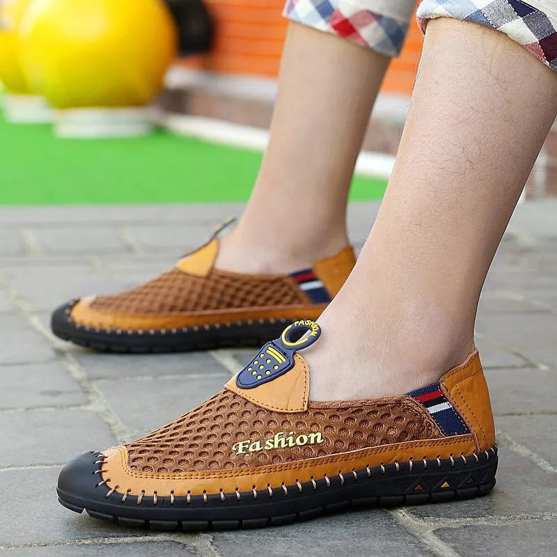 Men's brown mesh casual shoes with round toe and rubber sole