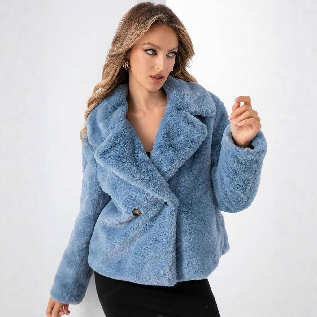 Women's artificial fur fashion coat in rose red with regular sleeves