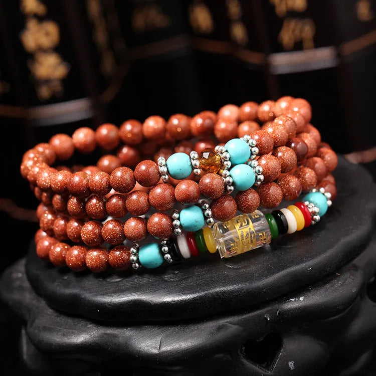 Golden star stone nugget sand bracelet with six words mantra and fu character design