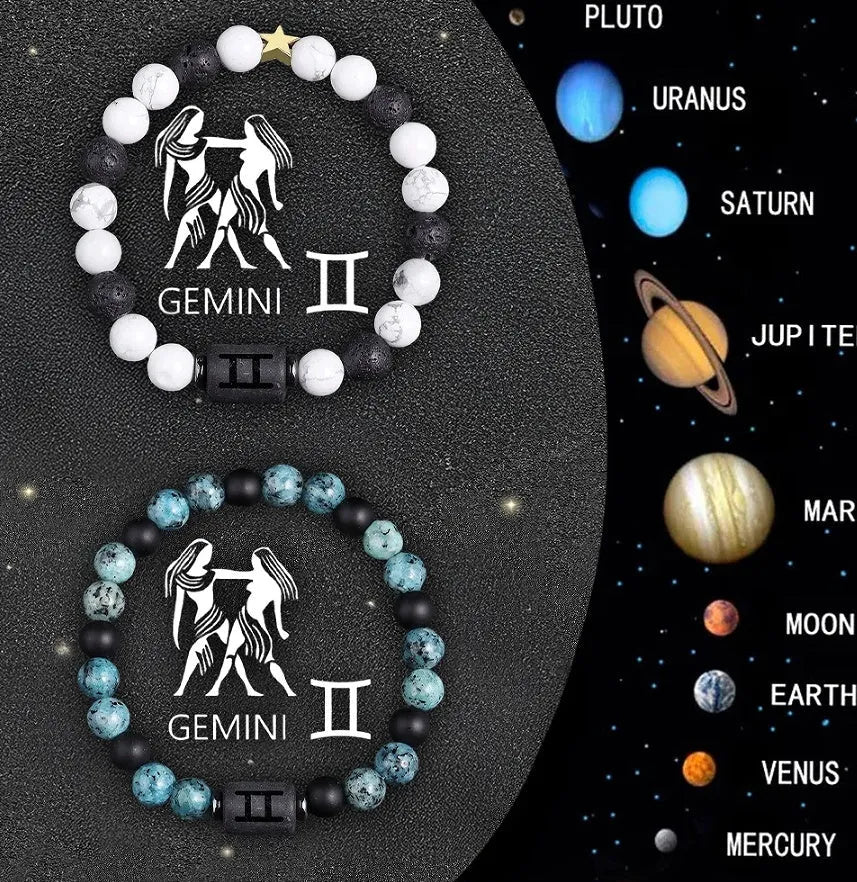 Set of twelve natural stone beaded bracelets for each zodiac sign on a wooden background.