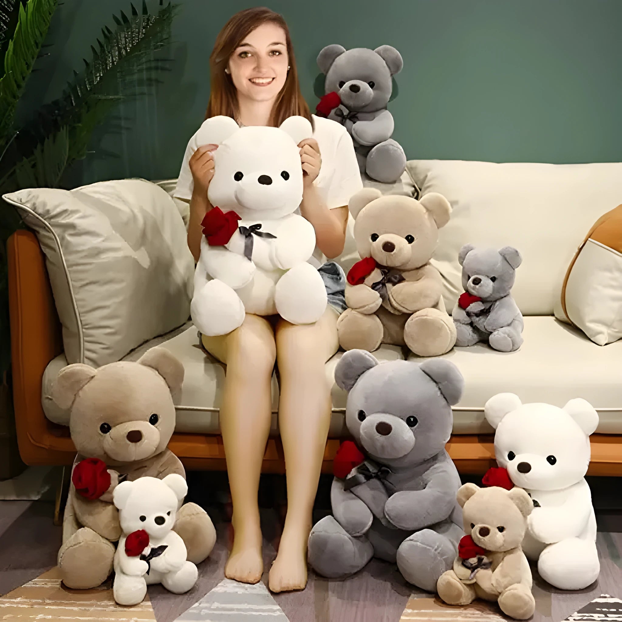 Rose teddy bear plush pillow stuffed animal doll in beige, brown or grey colours, shown in 23cm to 45cm sizes.