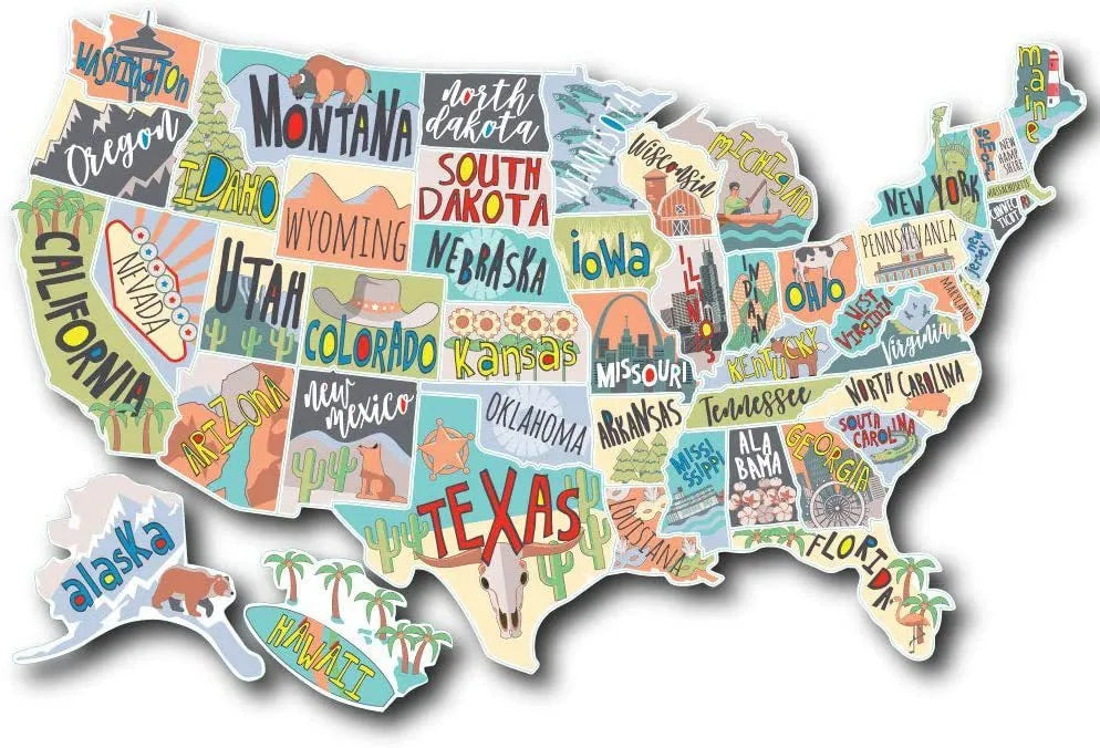 Travel-themed car body sticker set showing map designs and lettering for vehicle decoration