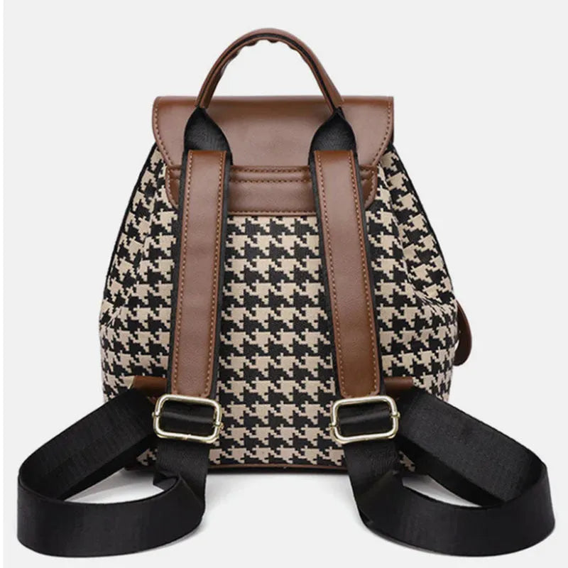 Women's houndstooth backpack in Ostrich with Khaki colour, medium size cylindrical shape with car stitching and contrast colour details