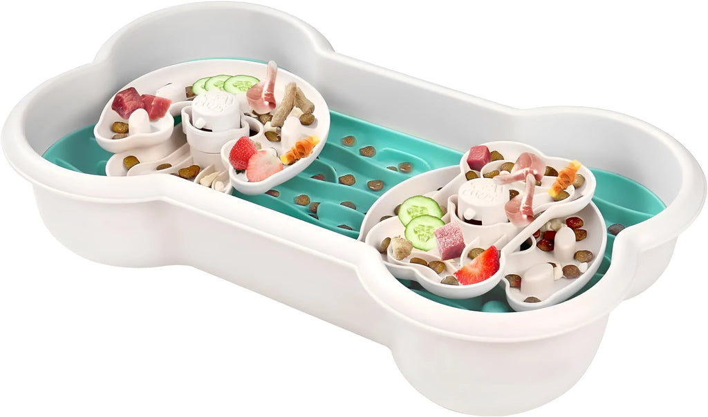 Large green slow feeder dog bowl with three rotating trays and non-slip suction cups