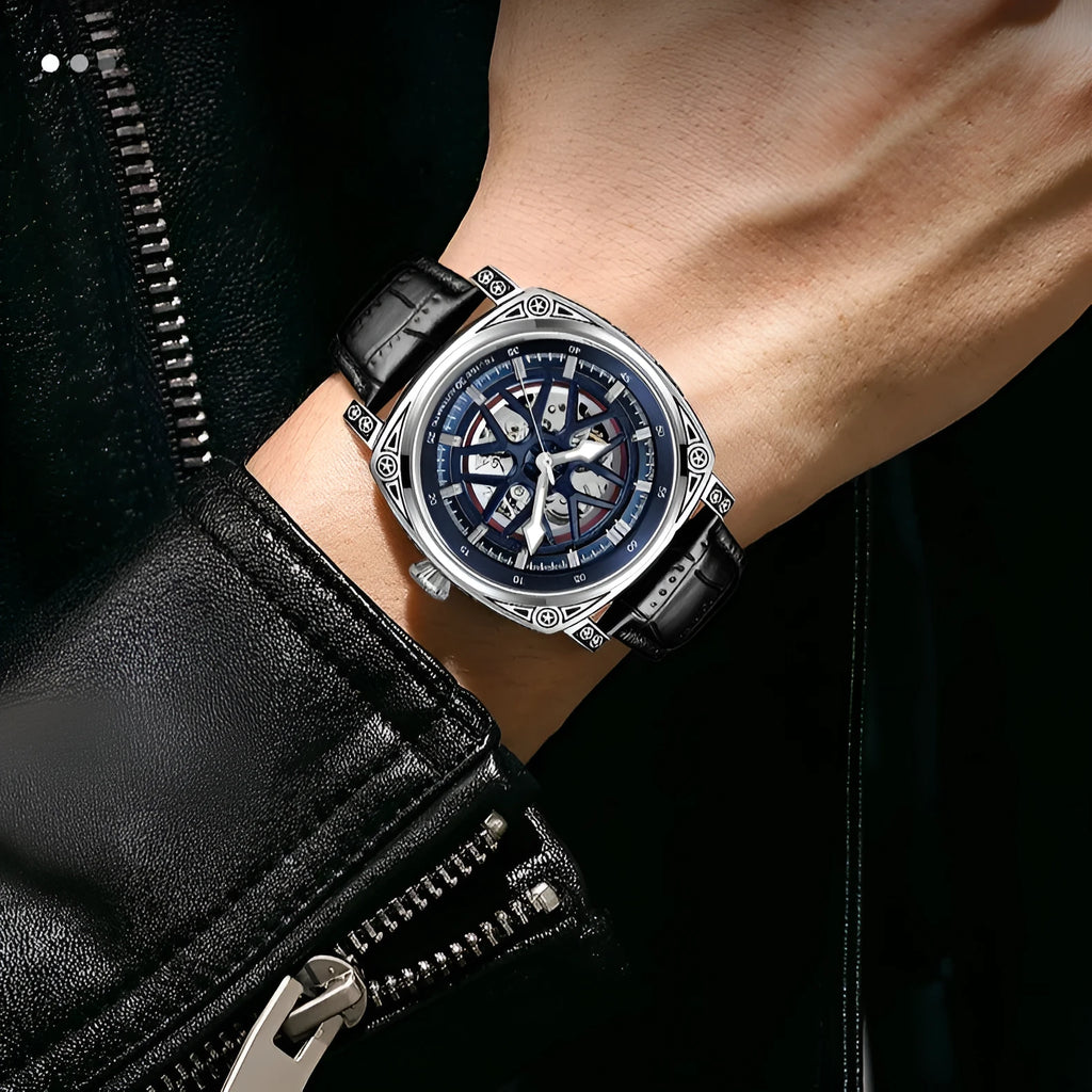Stainless steel automatic mechanical men's watch with a leather strap in one of four colour options.