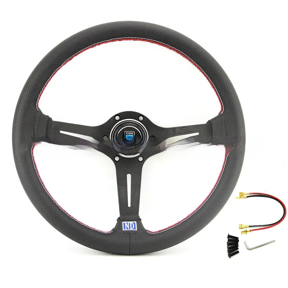 14-inch leather steering wheel with middle concave shape and silver black finish