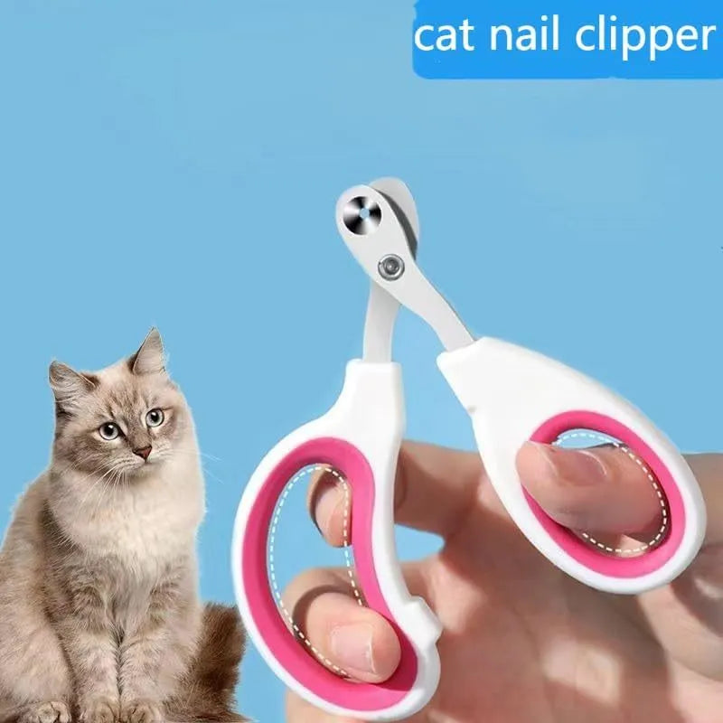 Blue pet nail clippers with circular cutting hole and cushioned handles on a white background