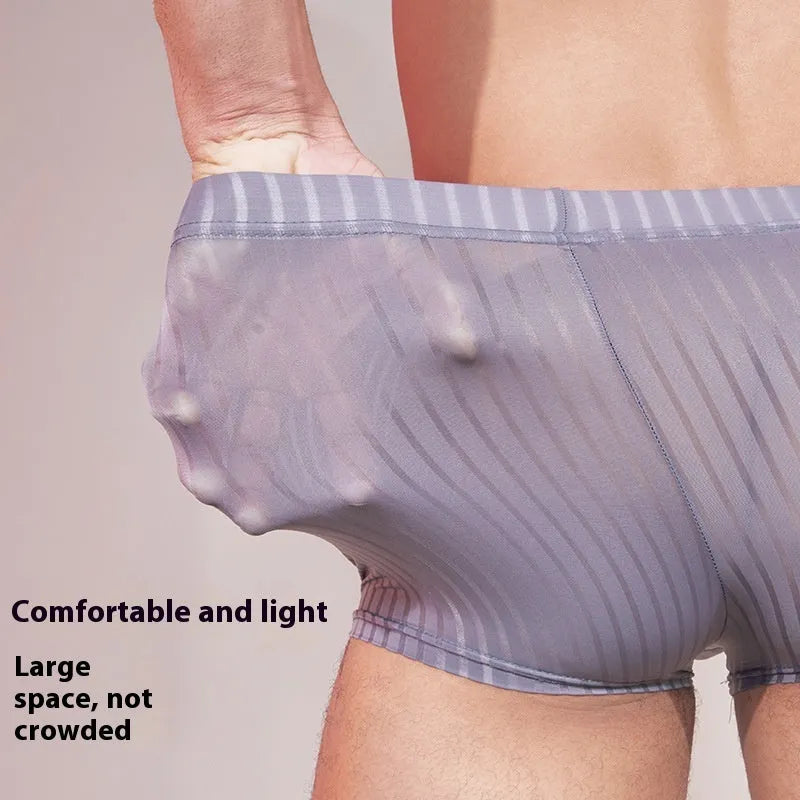 Men's thin transparent striped nylon underwear in black, white, and dark grey.