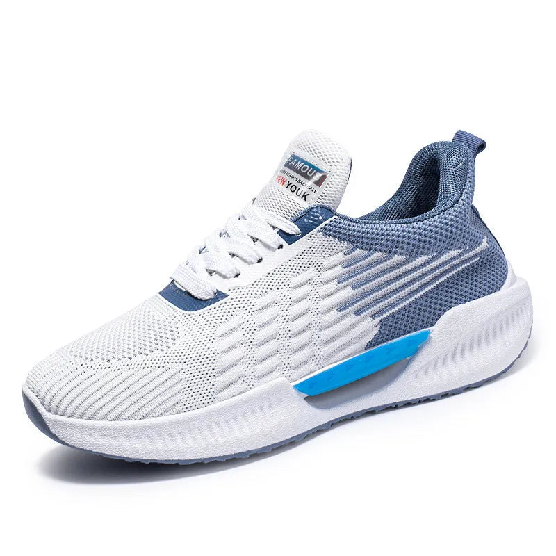 Men's blue casual sports shoes with breathable mesh cloth upper and round toe on a plain background.
