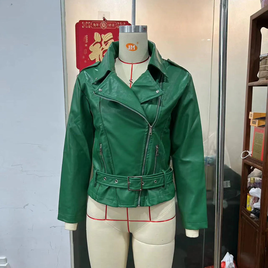 Black leather punk jacket with Peter Pan collar and drawstring waist closure