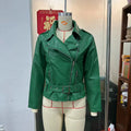 Black leather punk jacket with Peter Pan collar and drawstring waist closure