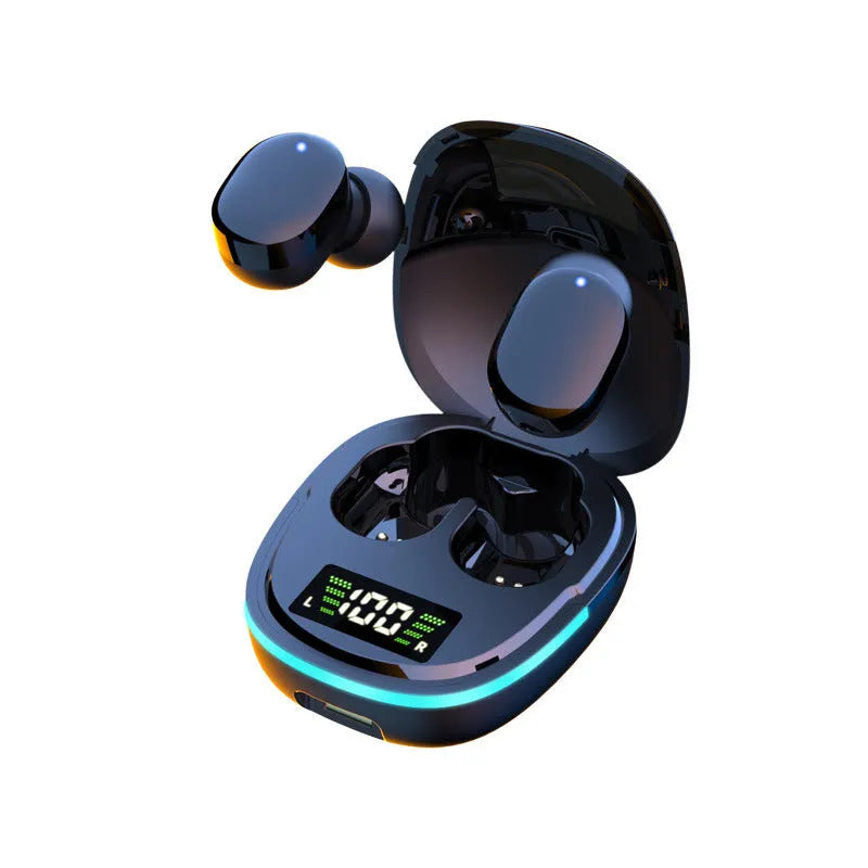 Black true wireless stereo Bluetooth in-ear headphones with charging case on display