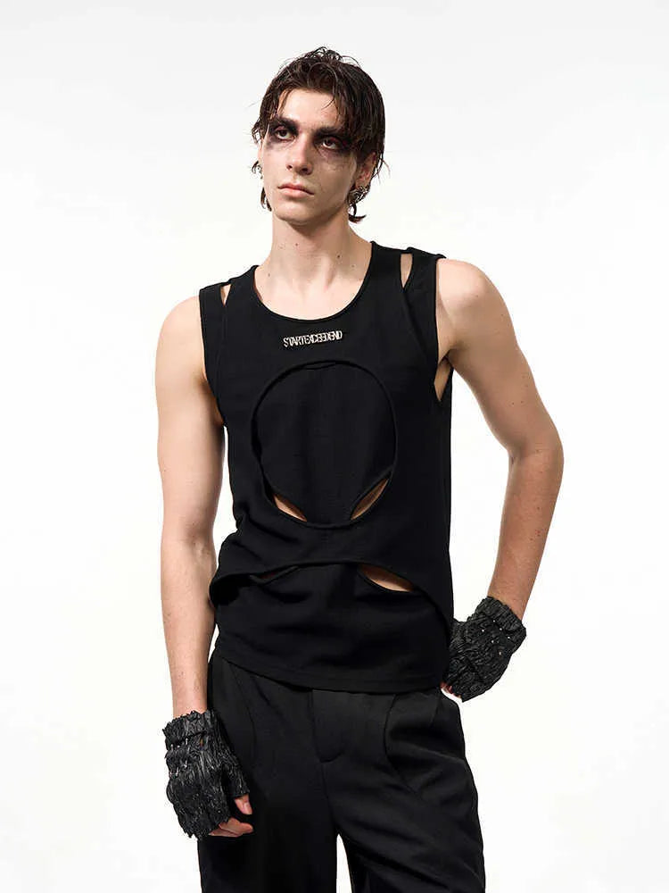 Men's black sleeveless waistcoat with hollow thread texture and round neck collar