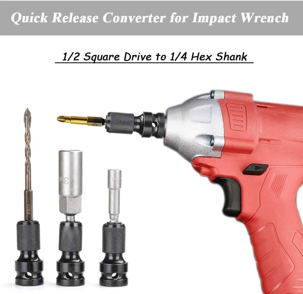 Square turn hexagonal handle telescopic bit holder scaling from 1/2 to 1/4 inch drive.