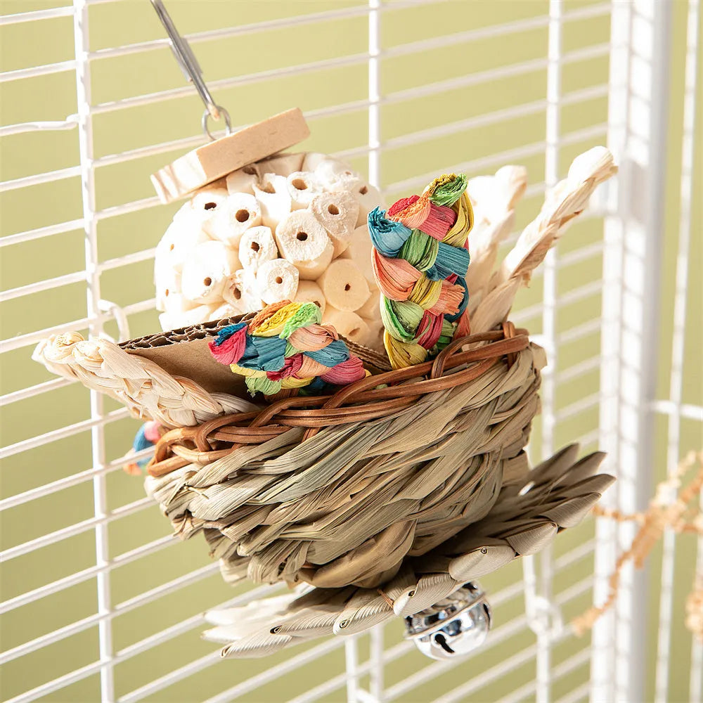 Three-piece parrot gnawing molar chew toy set with hanging attachments for cage mounting