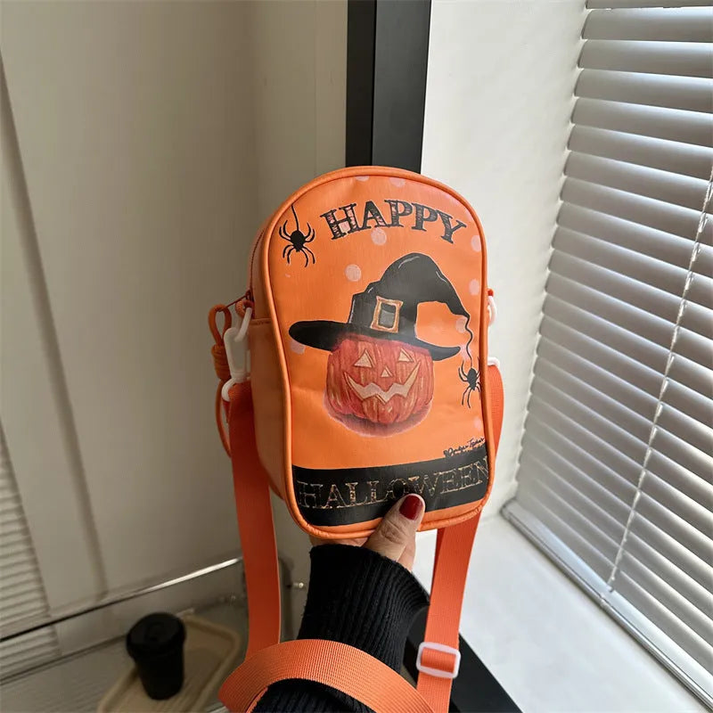 Halloween graffiti print crossbody bag with pumpkin ghost bat cartoons in medium size
