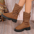 Women's black chunky heel snow boots with suede upper and lace-up design