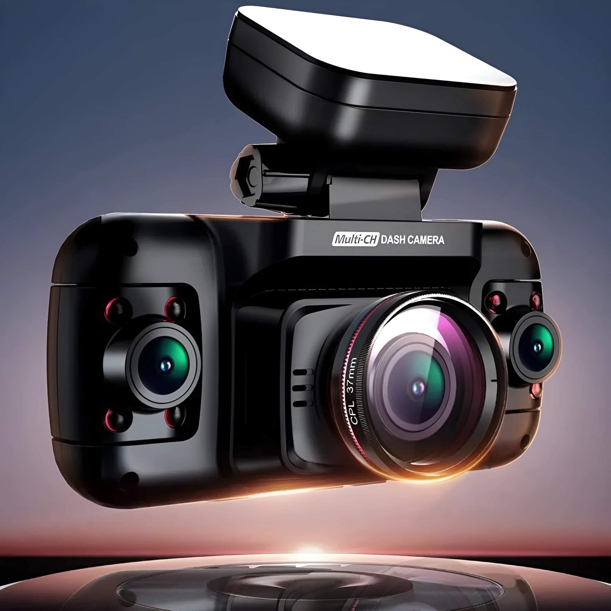 Black multi-lens car dashboard camera with a 2-inch screen, showing dimensions of 102mm by 104mm.