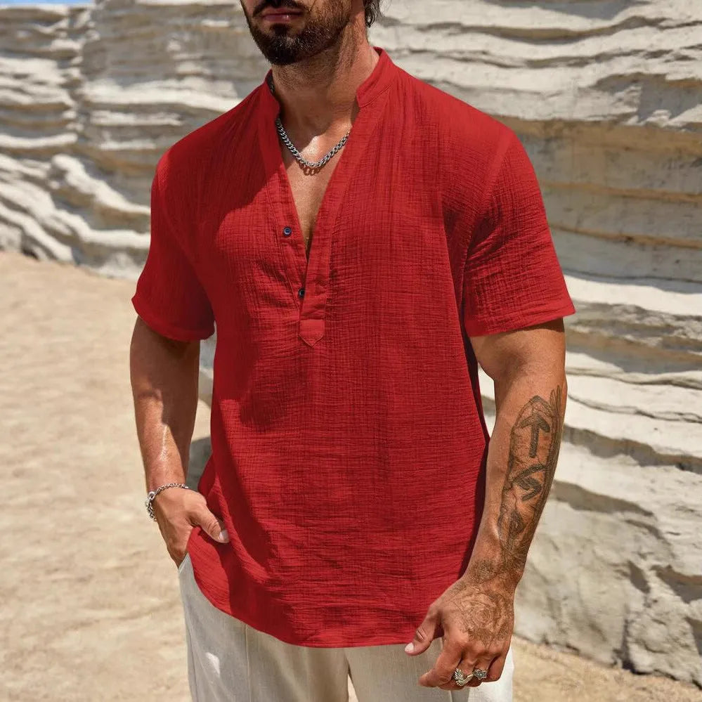 Men's solid colour short sleeve casual shirt with stand collar in polyester blend fabric