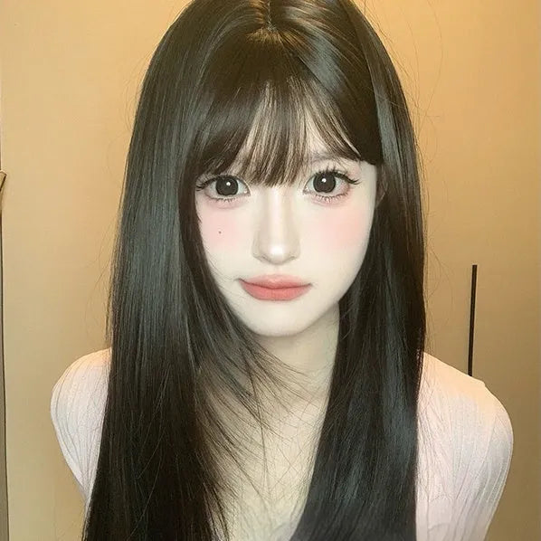 Dark brown long straight full-head wig with fringe made from high temperature synthetic fibre