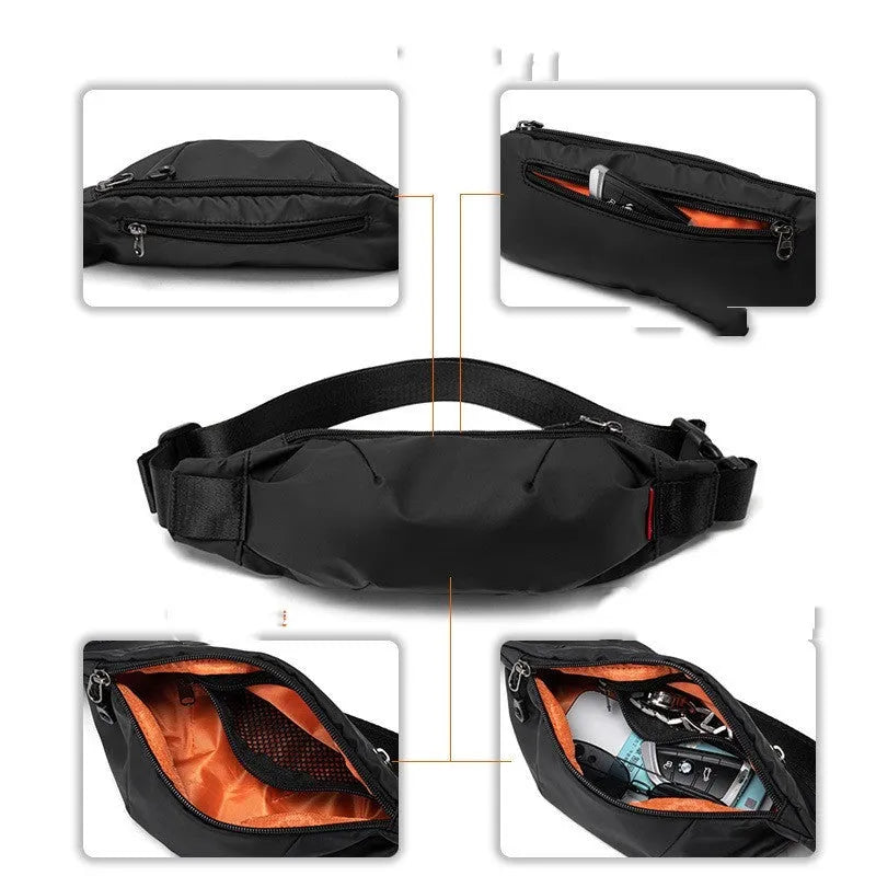 Black Oxford cloth waist pack with crossbody strap and zipper closure