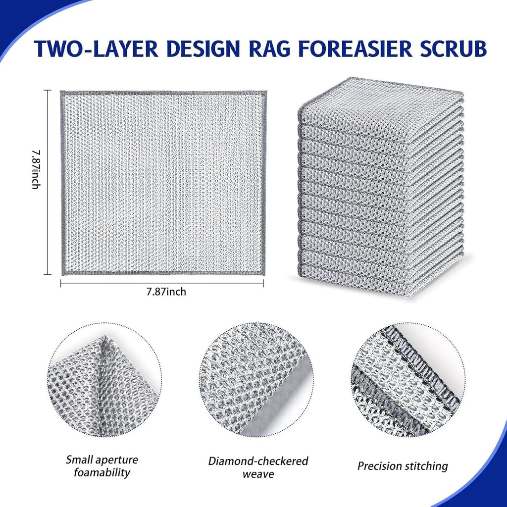 Silver silk microfibre cleaning rag with integrated steel wool scourer for pots and bowls.