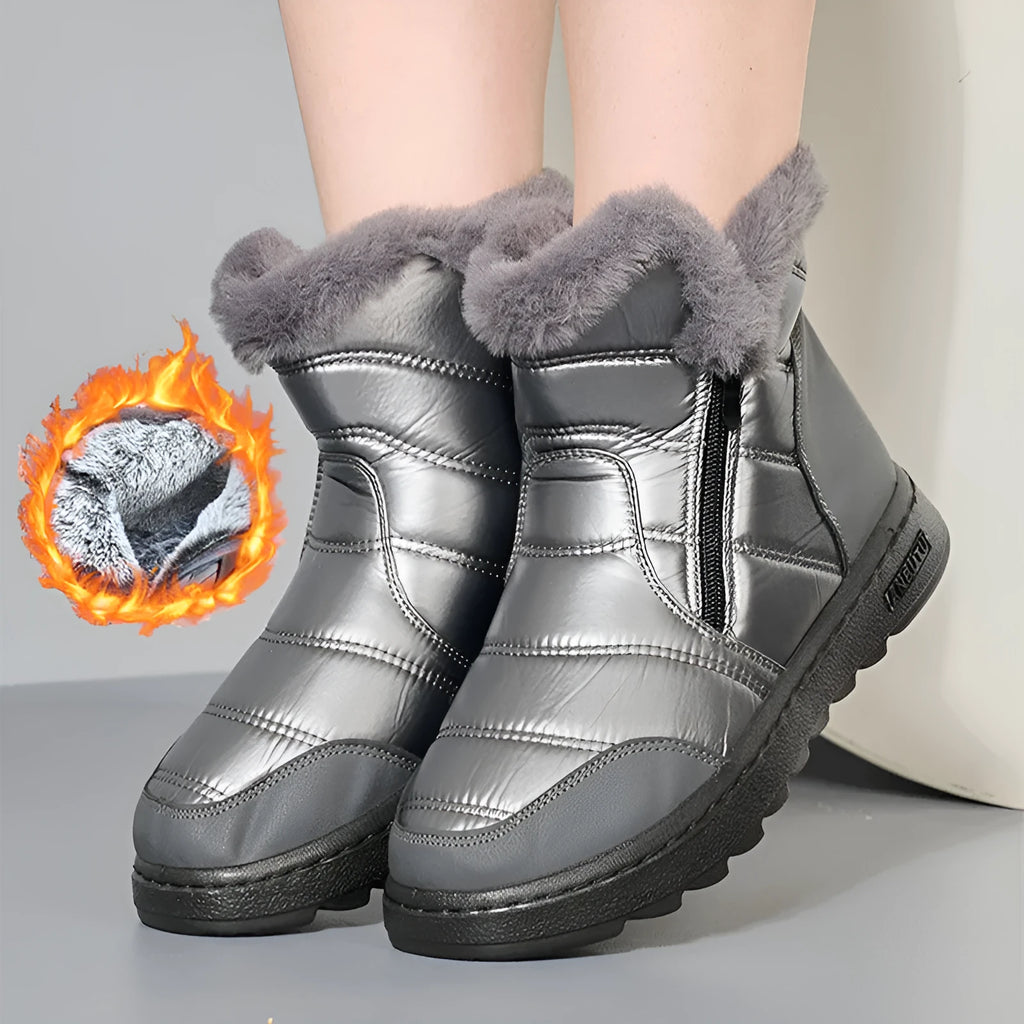 Women's fur winter snow boots with side zipper, high top, round toe, flat heel, available in black red silver