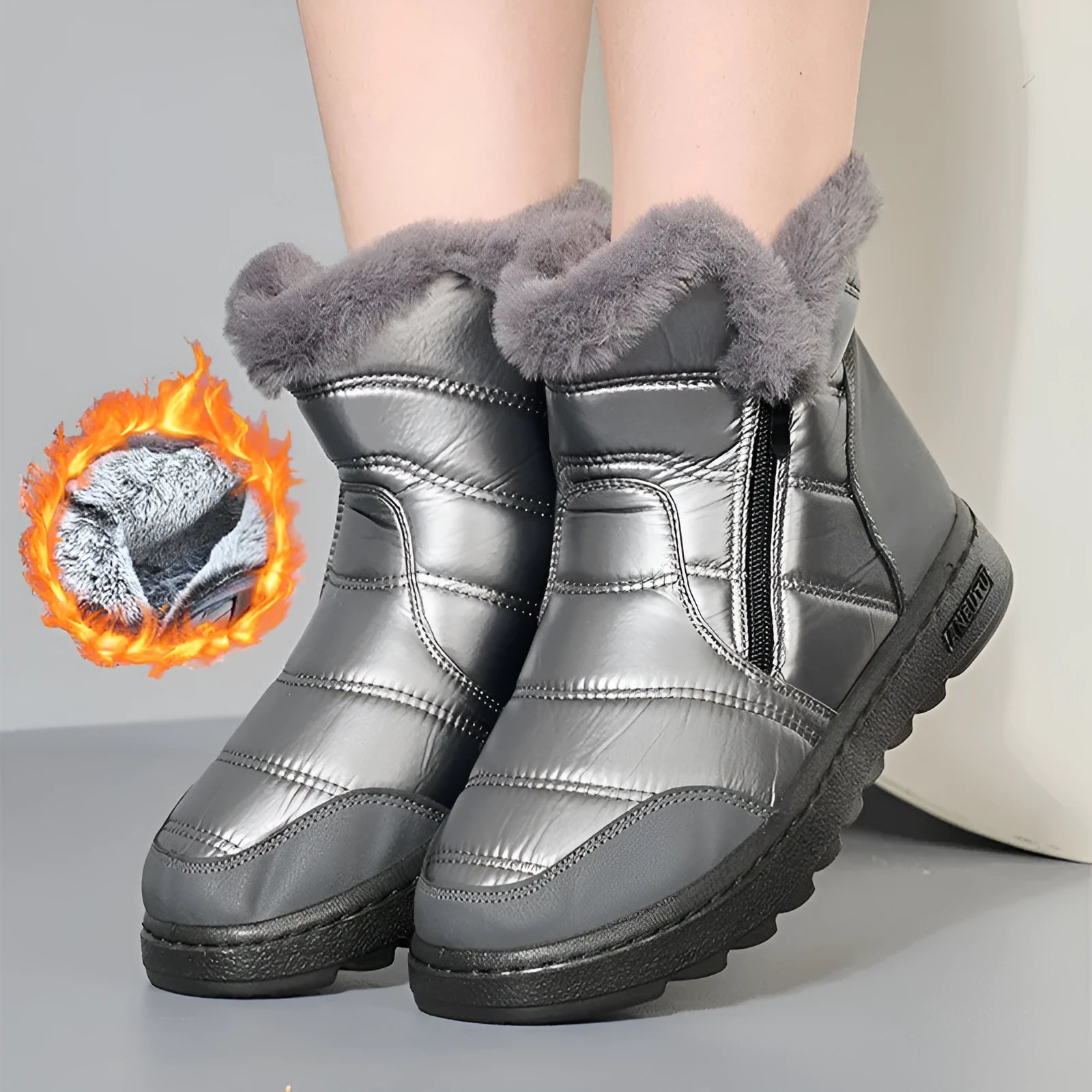 Women's fur winter snow boots with side zipper, high top, round toe, flat heel, available in black red silver