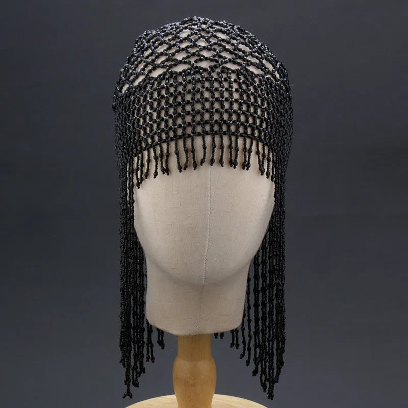 Handmade beaded belly dance hat hair ornament with tassels measuring 23cm wide