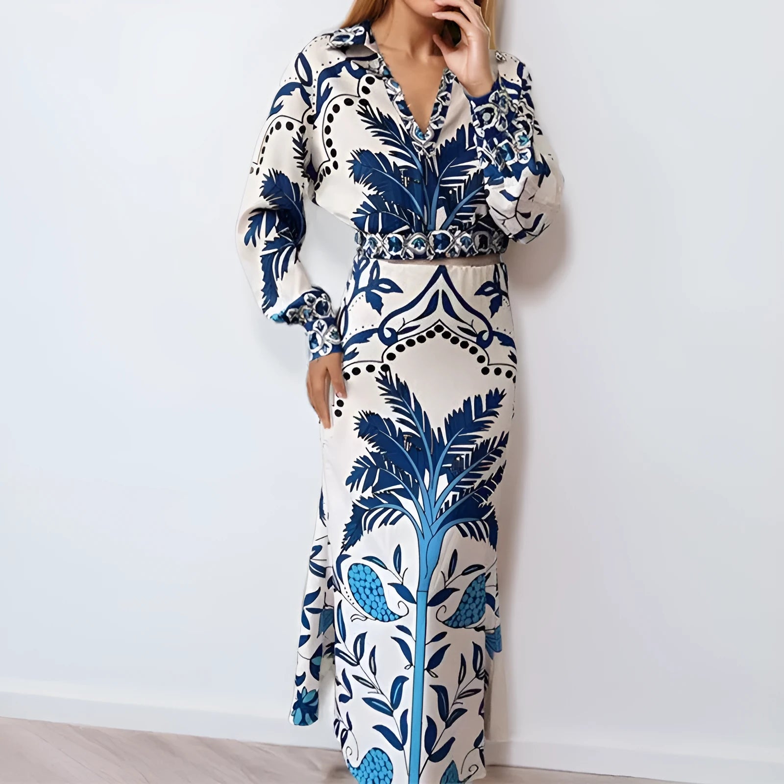 Women's flower print early spring casual set with long sleeve top and matching skirt in picture colour