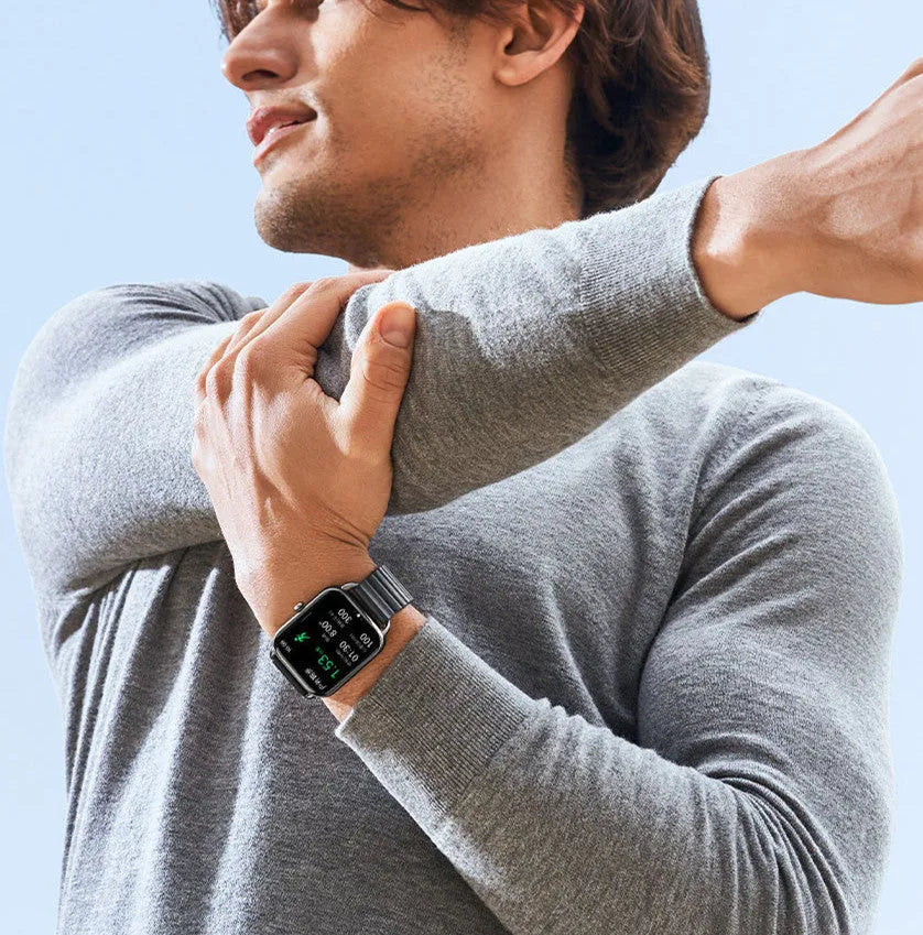 S4PLUS LS11 black smartwatch with AMOLED display showing fitness metrics on wrist