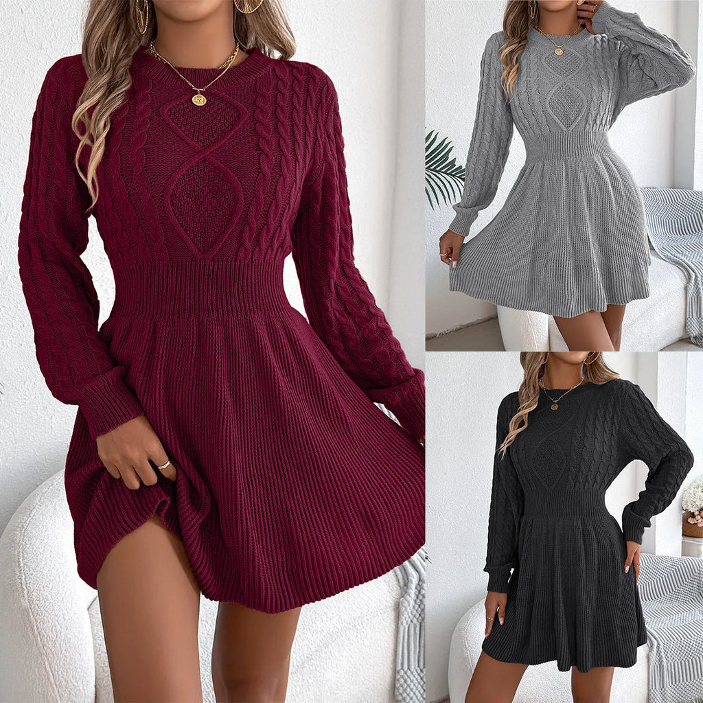 Women's black lantern sleeve sweater dress with elastic twist waist and midi length