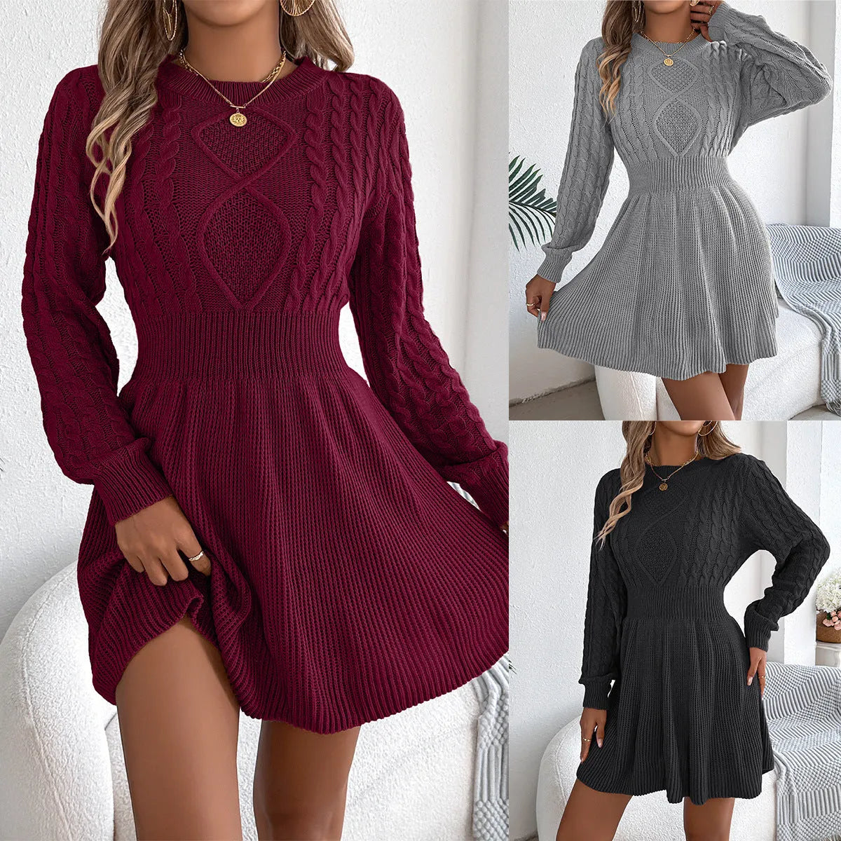 Women's black lantern sleeve sweater dress with elastic twist waist and midi length