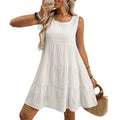 Women's light blue sleeveless plaid dress with high waist and flowing swing skirt