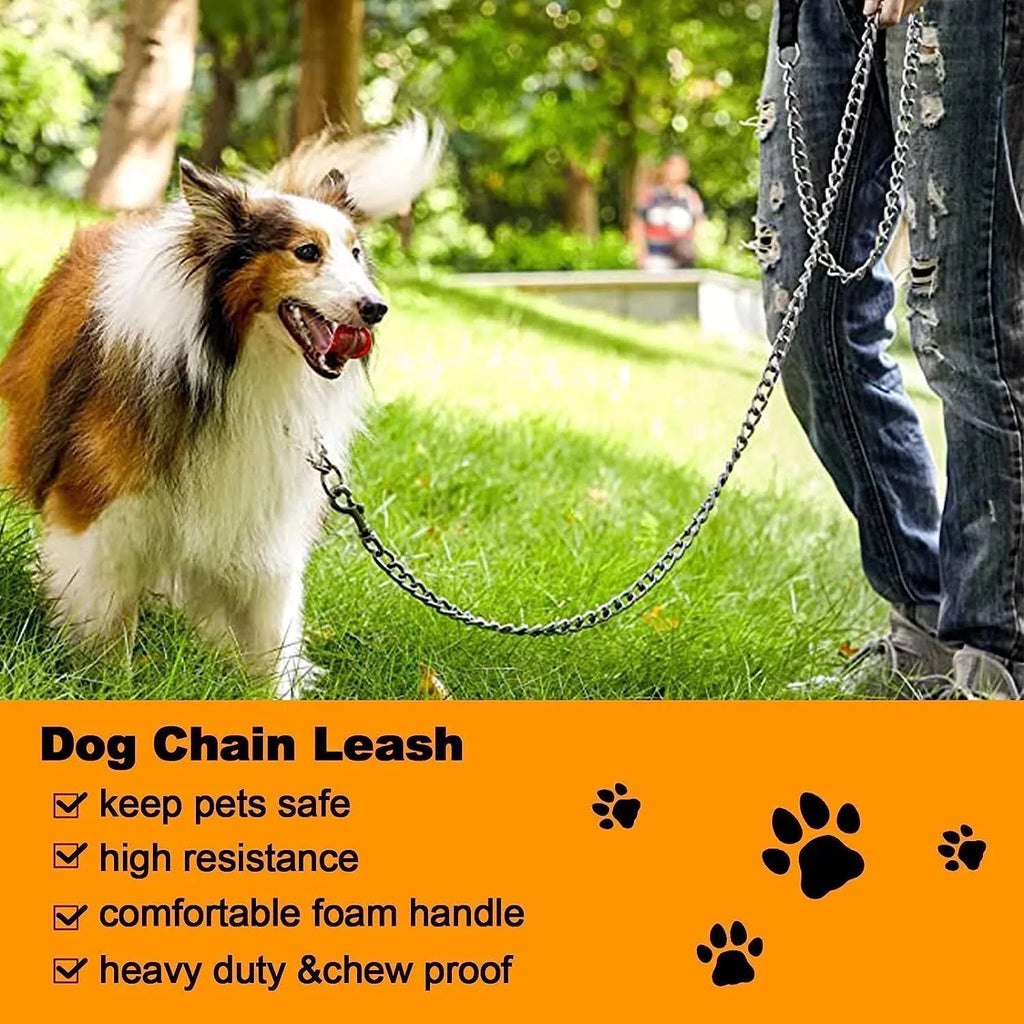 Heavy duty metal dog chain leash with a soft black padded handle, shown in red colour.