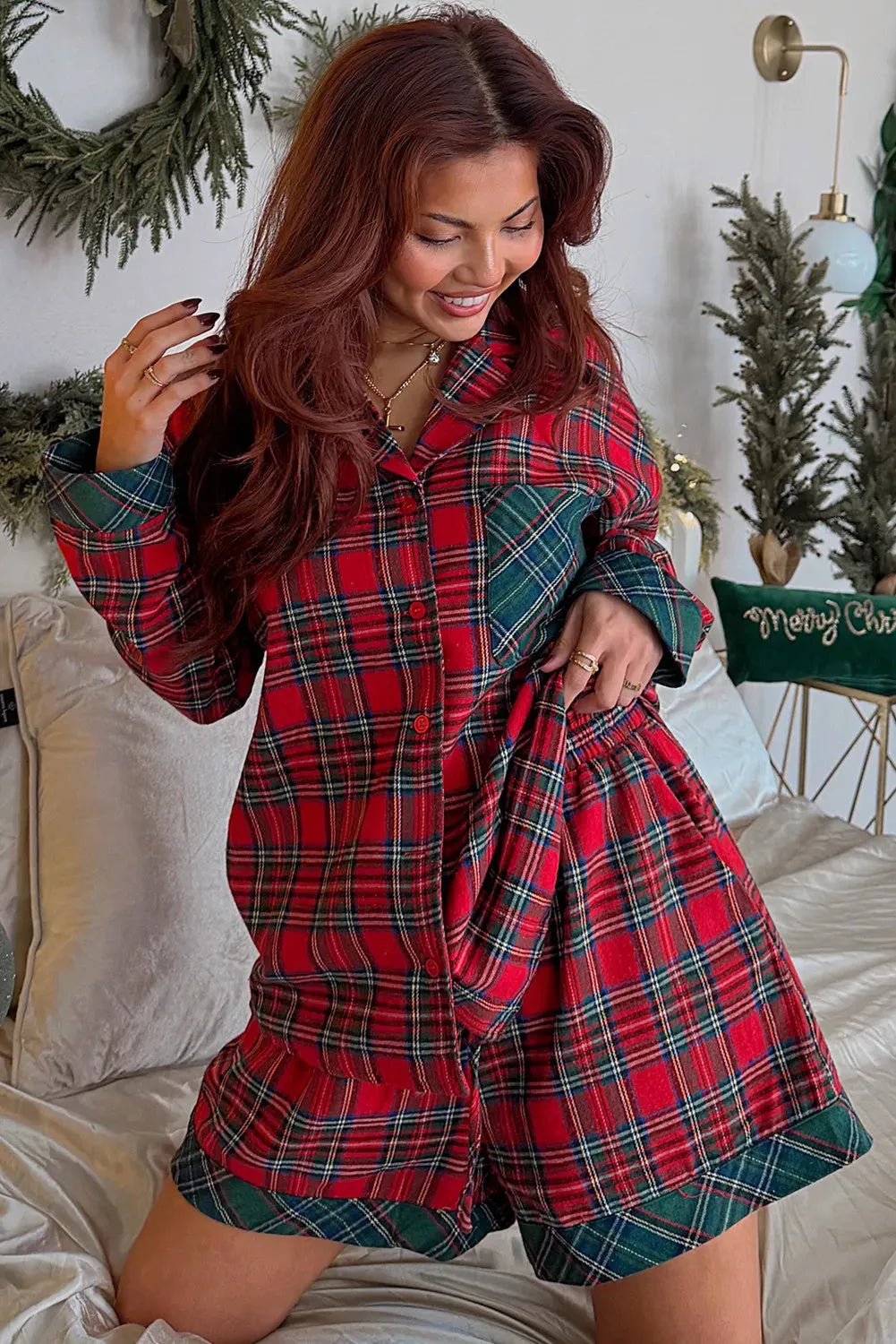 Red plaid Christmas pyjama set with contrast patches, includes long sleeve shirt and shorts