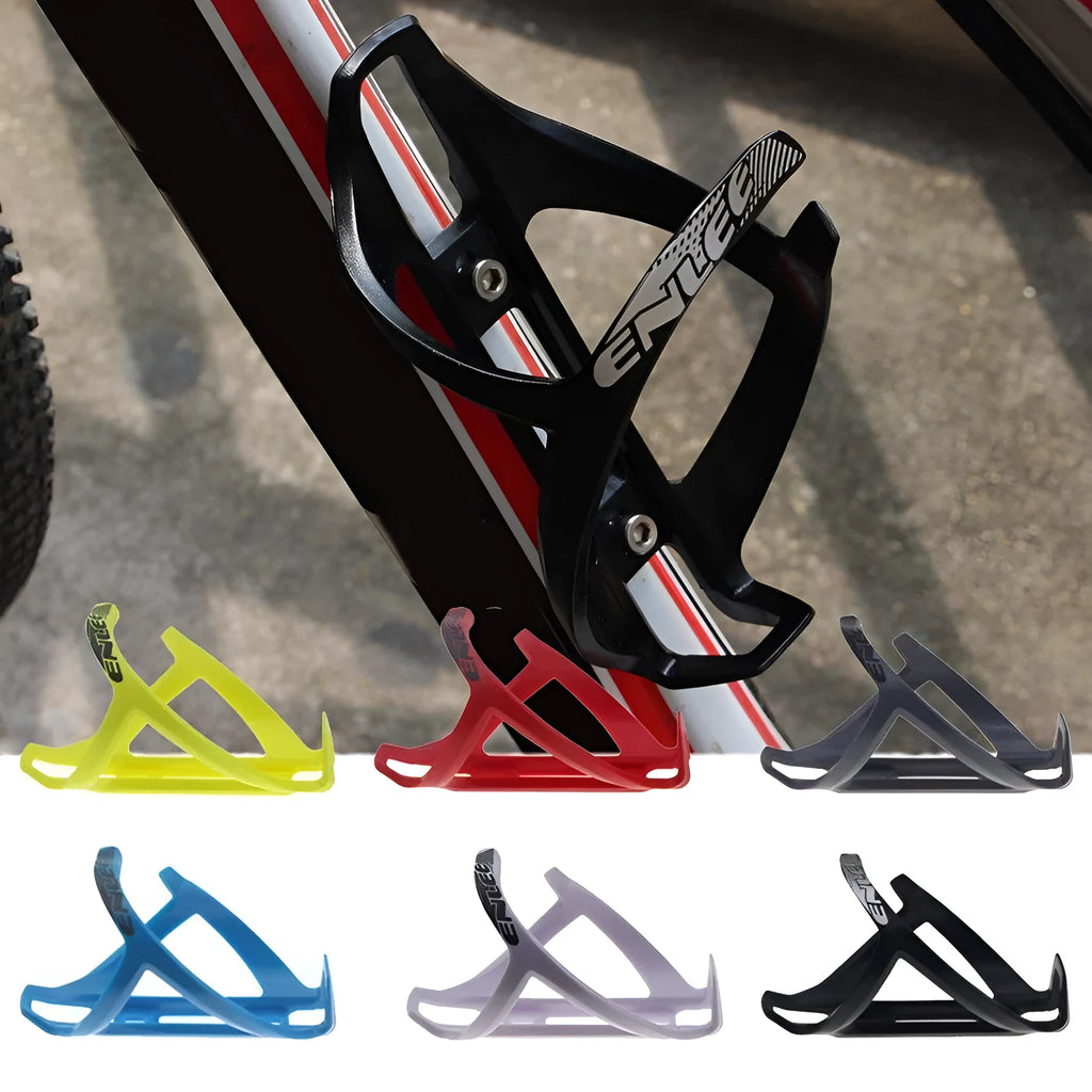TPR plastic mountain bike water bottle cage in fluorescent yellow showing bottle retention design